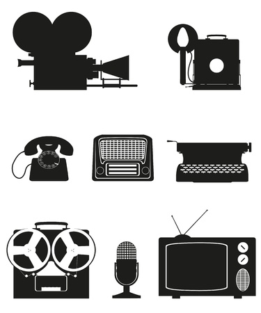 vintage and old art equipment set icons black silhouette video photo phone recording tv radio writing vector illustration isolated on white backgroundの写真素材