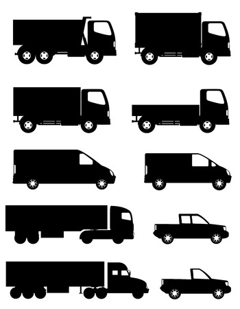 set of icons cars and truck for transportation cargo black silhouette vector illustration isolated on white backgroundの写真素材