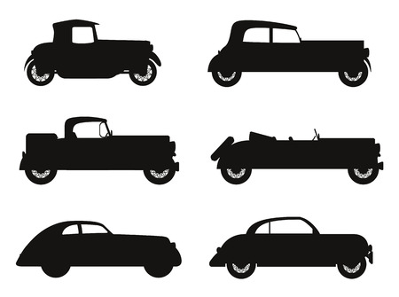 set icons old retro car black silhouette vector illustration isolated on white backgroundの写真素材
