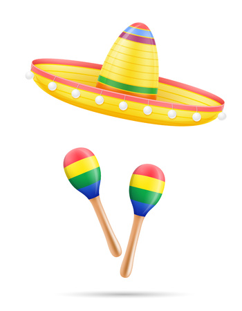 sombrero national mexican headdress and maracas vector illustration isolated on white backgroundの写真素材