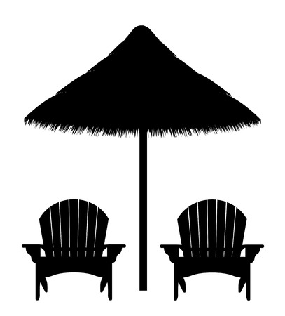 beach armchair and umbrella black contour silhouette vector illustration isolated on white backgroundの写真素材