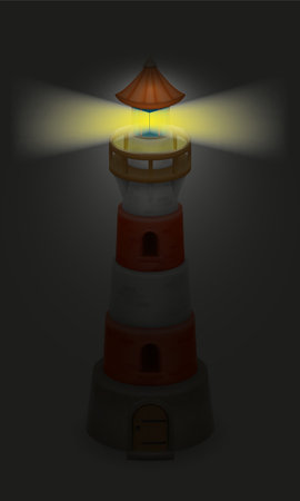 old stone lighthouse for signaling ships at night vector illustration isolated on white backgroundのイラスト素材
