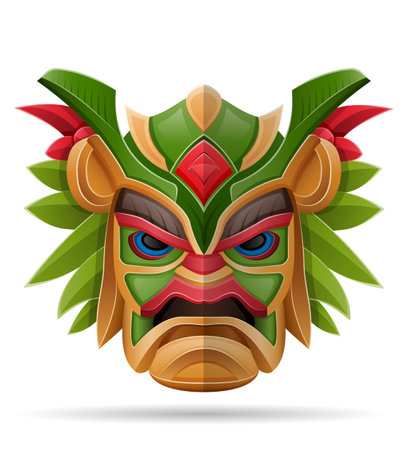 tiki mask hawaiian ancient tropical totem head face idol made of wood vector illustration isolated on white backgroundのイラスト素材
