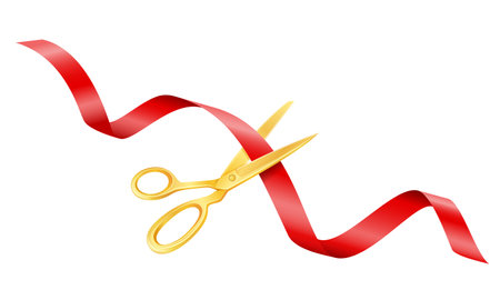 scissors cutting a satin ribbon at an opening or ceremony vector illustration isolated on white backgroundのイラスト素材