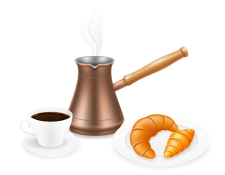 copper turkish coffee pot with wooden handle for making drink vector illustration isolated on white backgroundのイラスト素材