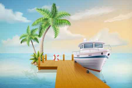 seascape with sand beach sea waves sky and clouds vector illustration isolated on white backgroundのイラスト素材
