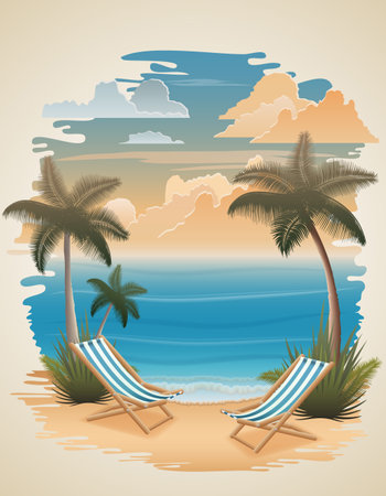 tropical seascape with sand beach sea waves sky and clouds vector illustration isolated on backgroundのイラスト素材