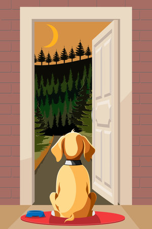 pet dog sitting with from the back and waiting for its owner flat cartoon vector illustration isolated on white backgroundのイラスト素材