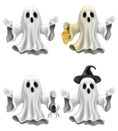 scary ghost at halloween party with scary face vector illustration isolated on white backgroundのイラスト素材