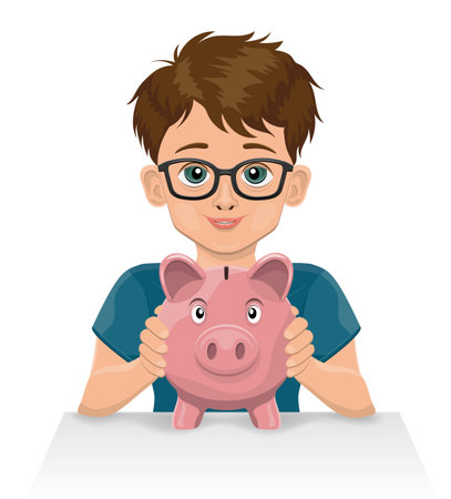 young teenage boy with pink piggy bank vector illustration isolated on white backgroundのイラスト素材