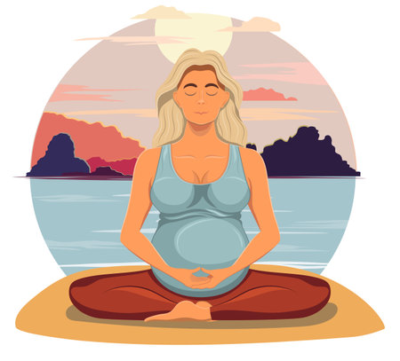 pregnant young woman sitting in yoga pose and meditating cartoon vector illustration isolated on white backgroundのイラスト素材