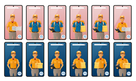 delivery man by phone courier service vector illustration isolated on white backgroundのイラスト素材
