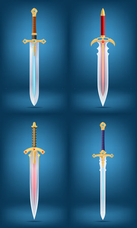 detailed vector illustration of a decorative sword featuring a gold hilt adorned with gemstones and a sleek blade against a gradient background, perfect for fantasy themesのイラスト素材