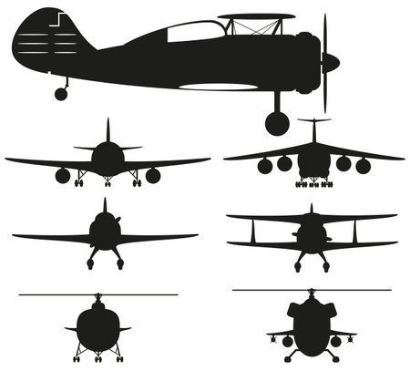 airplane and helicopter black silhouette cartoonstock vector illustration isolated on white backgroundのイラスト素材