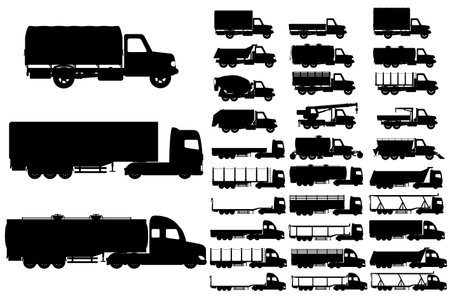 cars and truck for transportation cargo goods black silhouette vector illustration isolated on white backgroundのイラスト素材