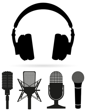 headphones with microphone icons black silhouette cartoon stock vector illustration isolated on white backgroundのイラスト素材