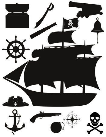 set of pirate nautical items black silhouette cartoon stock vector illustration isolated on white backgroundのイラスト素材