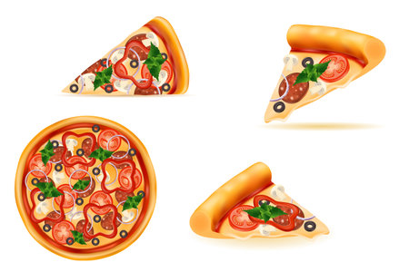 pizza with cheese tomato salami olive champignon onion cartoon stock vector illustration isolated on white backgroundのイラスト素材