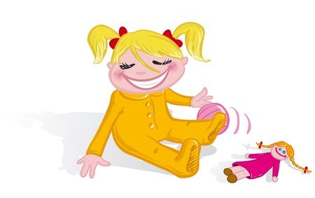 ector illustration of a happy cute little girl playing with her toysのイラスト素材