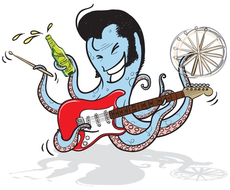 an octopus musician playing guitar, holding drum sticks and beerのイラスト素材