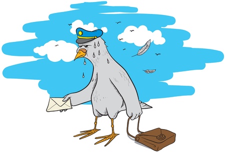 Illustration of a tired pigeon post with an envelope and a bag in his handのイラスト素材