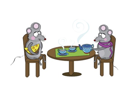 Two cute rats sit at the table and drink tea のイラスト素材