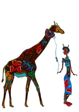 patterned girl walks with her pet in ethnic styleのイラスト素材