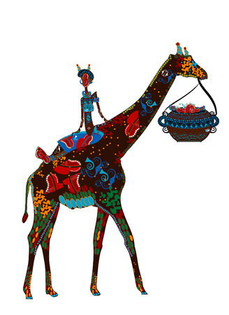 patterned girl goes back to the giraffe in ethnic styleのイラスト素材