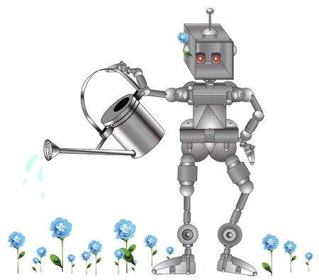 Happy robot irrigate your garden on a white backgroundのイラスト素材