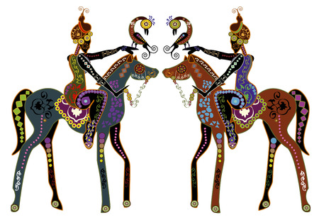 typical oriental pattern with horses, women and birdsのイラスト素材
