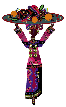 young woman in ethnic style sells its exotic fruits on white backgroundのイラスト素材