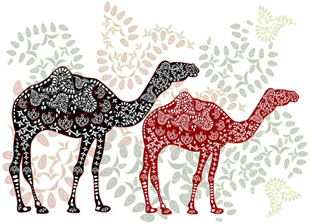 patterned camels in the ethnic style of walking on the magic forestのイラスト素材