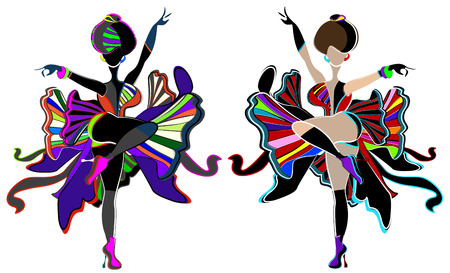 Two women in brightly colored dresses, having fun at the carnival or festivalのイラスト素材