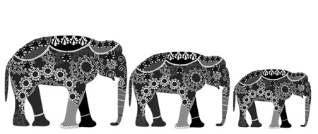 family of elephants in ethnic style with a white background (a very good symbol of good luck!)のイラスト素材