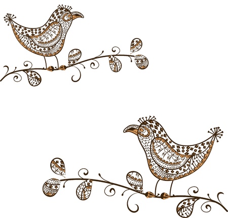 Birds sitting on a tree in vintage styleのイラスト素材
