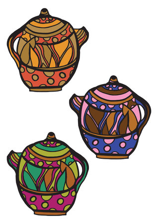 teapots with ornaments in vintage style isolated from backgroundの写真素材