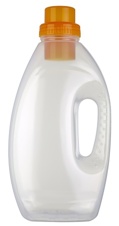 Plastic empty bottle from washing liquid, isolated on white , 2 images stitchedの写真素材