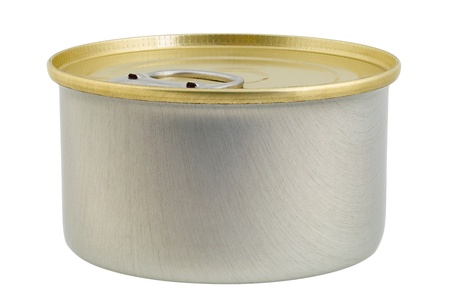 Close up of a sardine can isolated on white background, focus stackingの写真素材