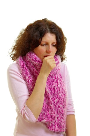 Coughing woman isolated on white background, studio shot.の写真素材