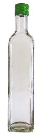 Close up of a empty vodka glass bottle isolated on white, 2 images stitched.の写真素材