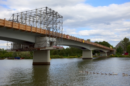 View of the bridge  border bridge  by renovation, city Remich   Luxembourg, evening, summer 2009, river Moselle, in the distance Germanyの写真素材