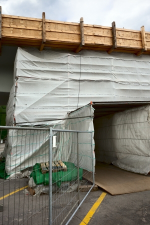 View of the bridge(border bridge) by renovation, city Remich / Luxembourg, evening, summer 2009, on river Moselleのeditorial素材