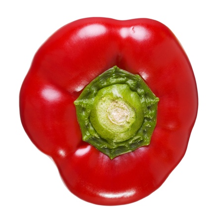 Close up of a red pepper isolated on white background, stitchedの写真素材