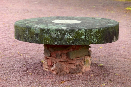 A old stone table, in the castle ruin in city Saarburg, Rheinland-Pfalz, Germanyの写真素材
