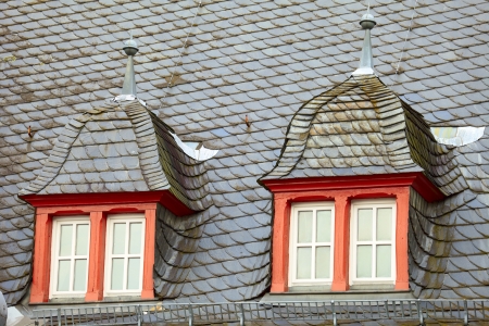 Old historic roof  in small city Saarburg, Rheinland-Pfalz, Germany, evening, summerの写真素材