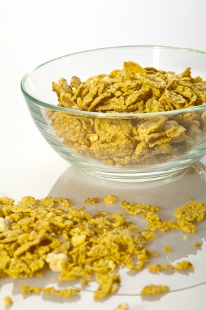 Close up of sweet cornflakes in a glass bowlの写真素材