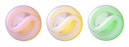 Close up of three fluorescent light bulbs, isolated on white background, stitchedの写真素材