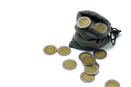 Coins in a cloth bag isolated background.の写真素材