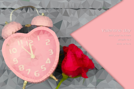 time of love. pink alarm clock and red roseon the gray background. low polygon style.の写真素材