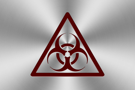 red biohazard icon inlay on chrome aluminium texture.の写真素材